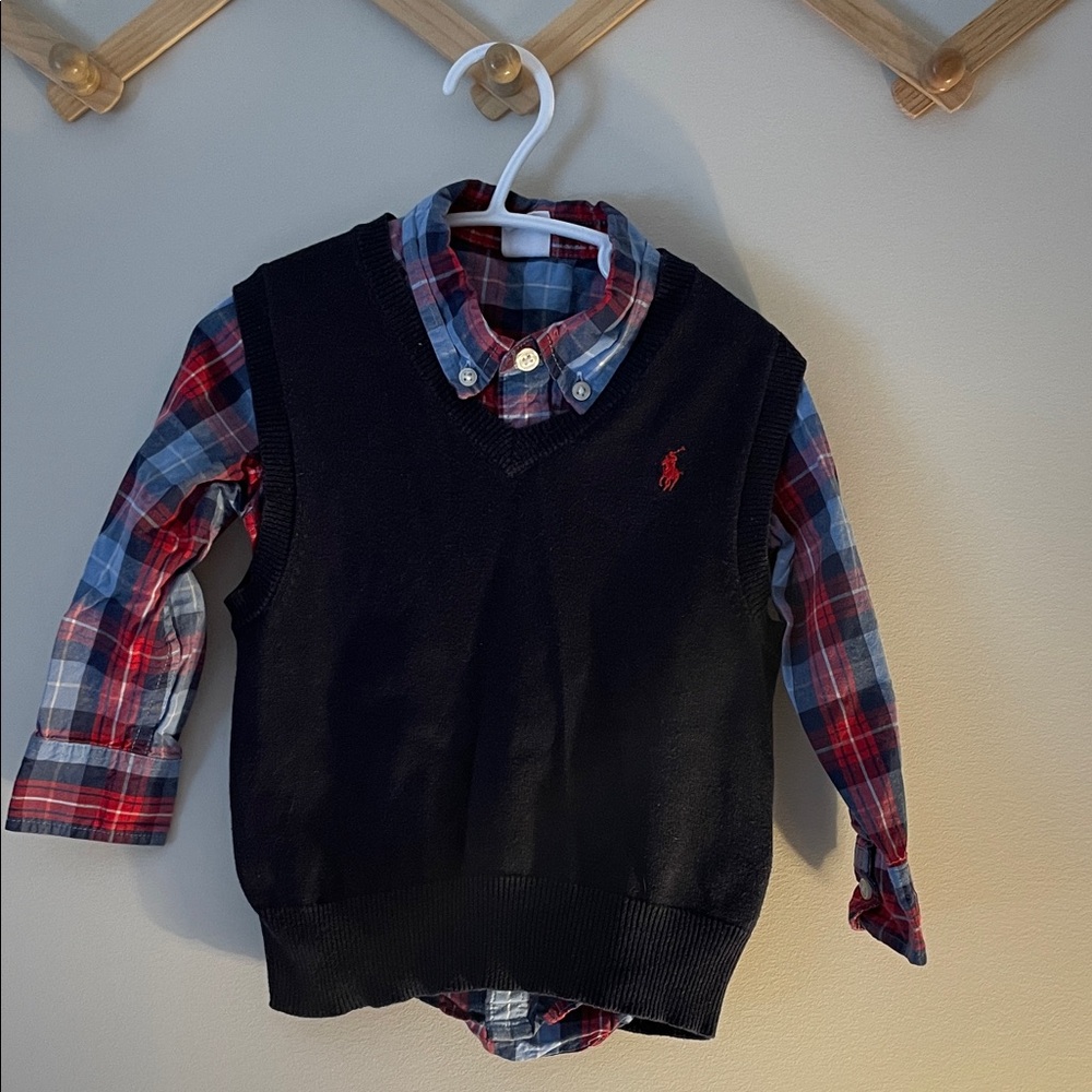 Polo Ralph Lauren Navy V-Neck Sweater Vest with Red Pony and checkered shirt.